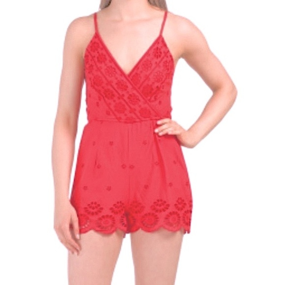 Japna Shorts Romper Eyelet detail with Spaghetti Straps Red S